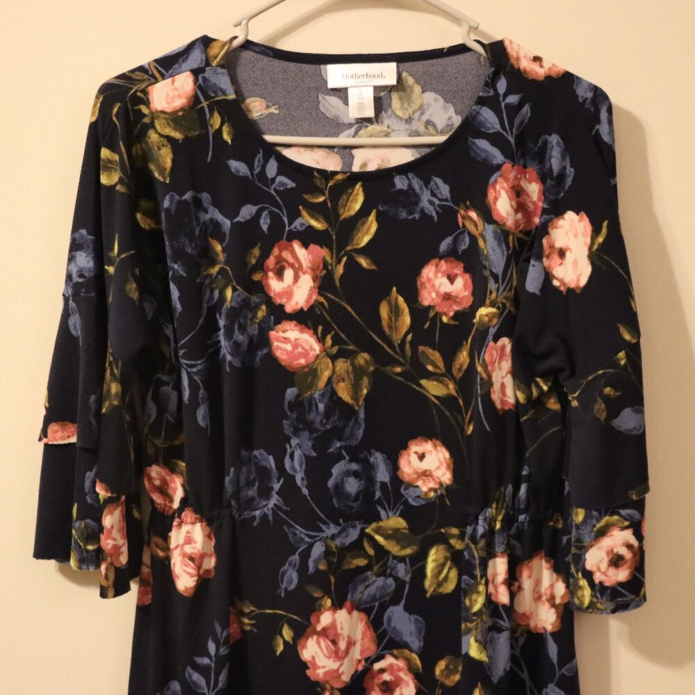 Motherhood 3/4 sleeve shirt, navy background with pink and blue flowers, formal - Picture 4 of 8